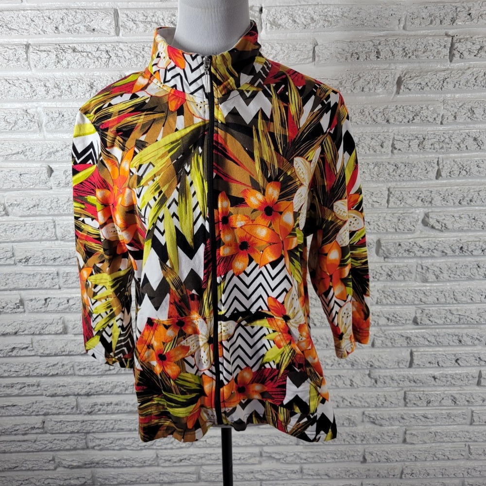 Onque Casuals Women XL Jacket Floral Full Zip 3/4 Sleeve Cotton Pockets Casual